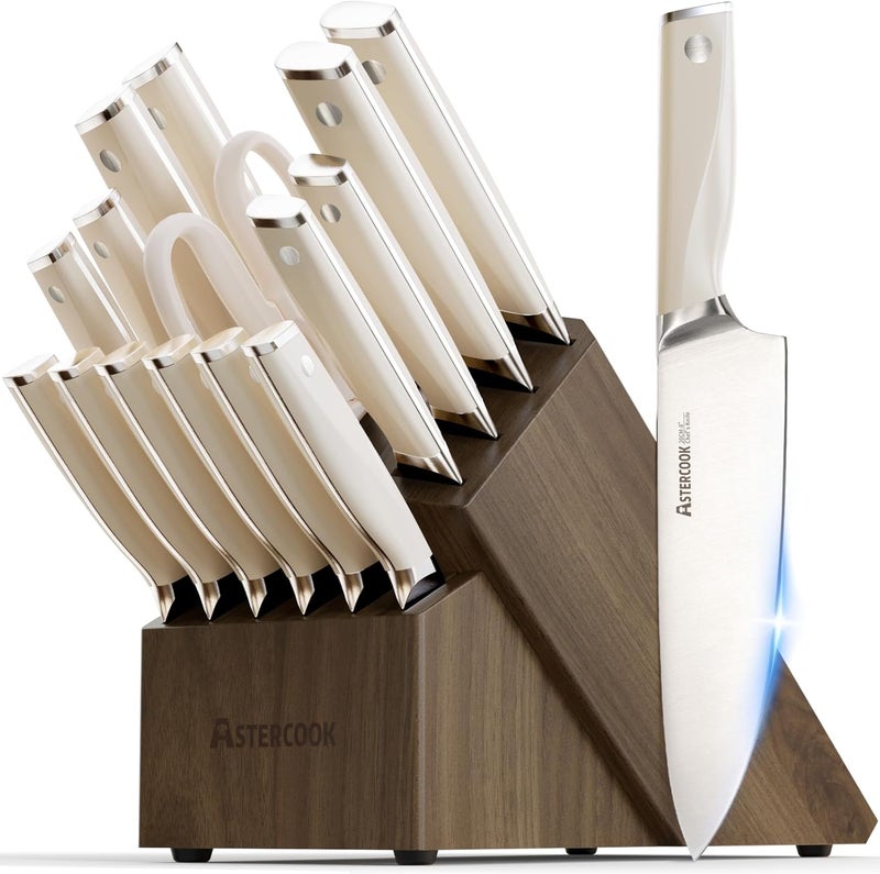Astercook Knife Set Kitchen with Block and Sharpener Premium Full Tang 17 Pcs German Stainless Steel Knives Dishwasher Safe Kitchen Utensils Set with with and Anti-slip Ergonomic Handle, Cream White - Image 1